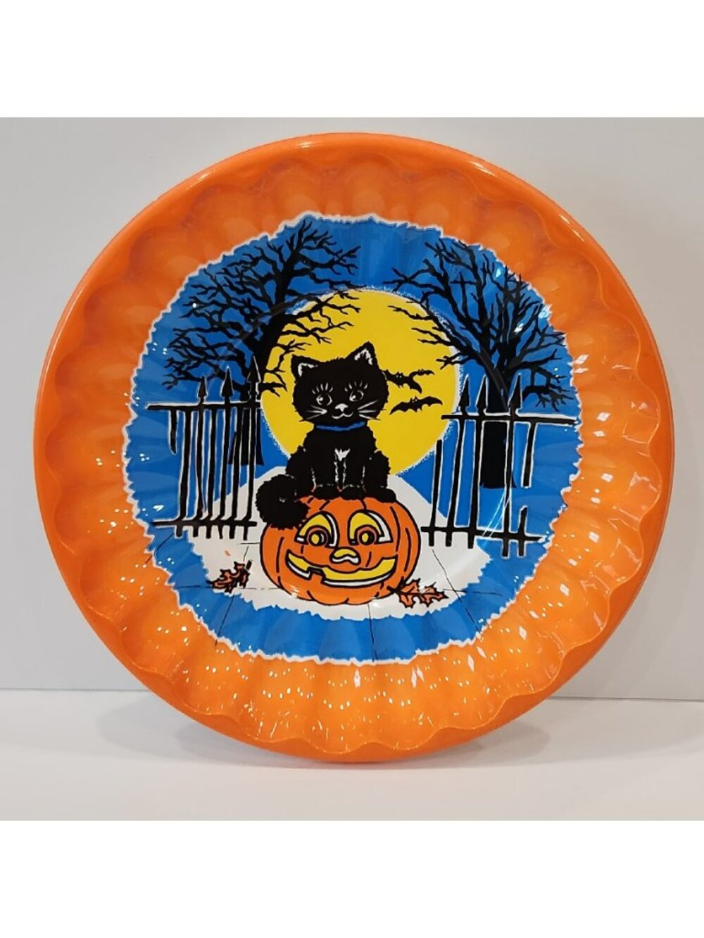 Vintage Halloween Plate Black Cat on Pumpkin Berman Industries Dish Kitsch 80s